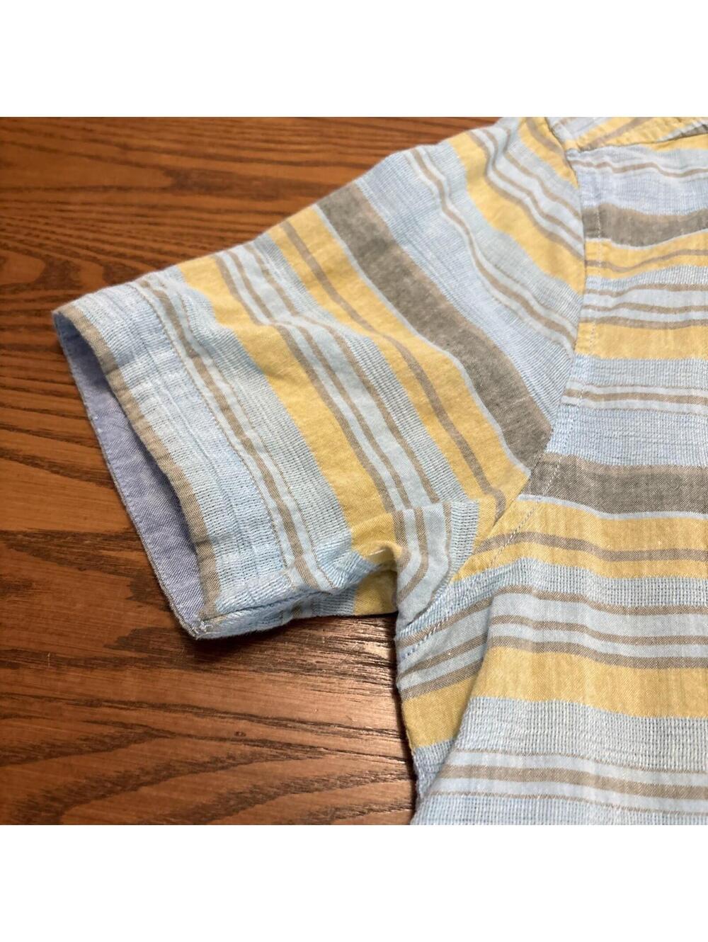 True Grit Men's Size M Short Sleeve Button Down Shirt Striped Blue Yellow Slub - Picture 5 of 9